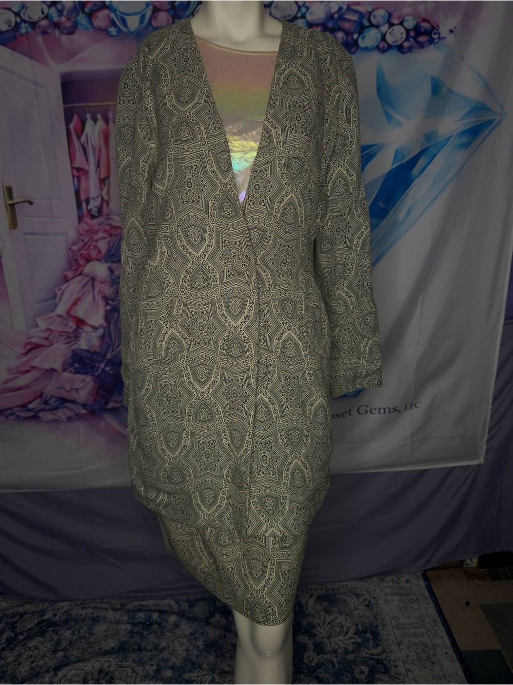 Vintage Kenar Taupe Patterned Long Sleeve V-Neck Dress